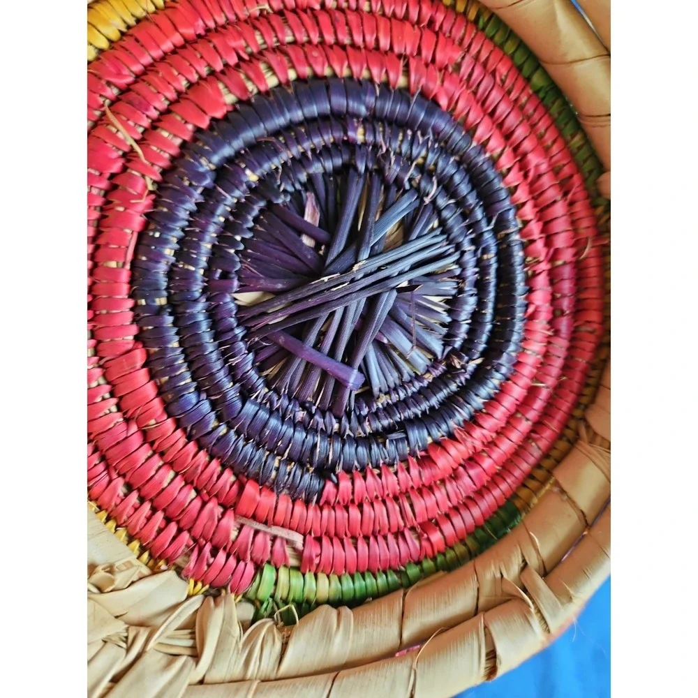 Handwoven Coiled Basket Lidded Storage Rustic Primitive Leather Polychrome 10
